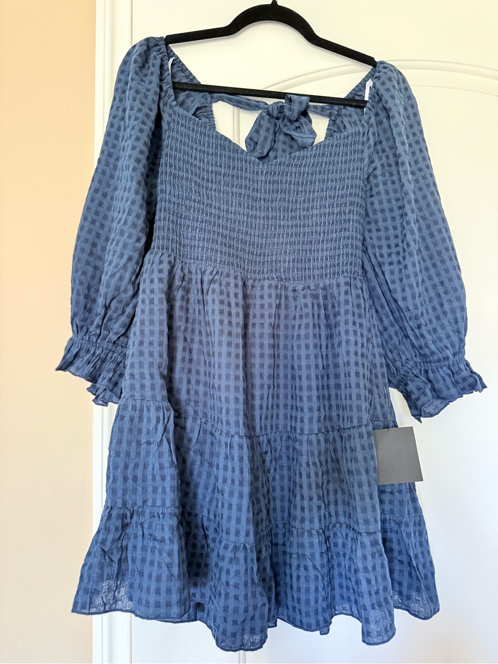 Charming Afternoon Navy Blue Gingham Balloon Sleeve Mini Dress